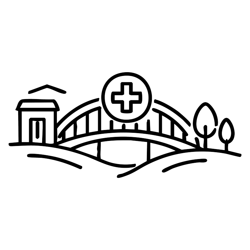 a line drawing icon of a bridge connecting two hills, with a medical symbol above the bridge